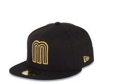 Load image into Gallery viewer, Mexico New Era WBC 59FIFTY 5950 Fitted Cap Hat Black Crown/Visor Black/Metallic Gold Logo Mexico Flag Side Patch Gray UV