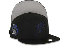 Load image into Gallery viewer, San Diego Padres New Era MLB 59FIFTY 5950 Fitted Cap Hat Black Crown/Visor Black/Dark Royal P Logo Petcopark 20 Year Side Patch Gray UV