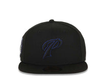 Load image into Gallery viewer, San Diego Padres New Era MLB 59FIFTY 5950 Fitted Cap Hat Black Crown/Visor Black/Dark Royal P Logo Petcopark 20 Year Side Patch Gray UV