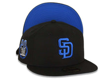 Load image into Gallery viewer, San Diego Padres New Era MLB 59FIFTY 5950 Fitted Cap Hat Black Crown/Visor Royal Blue Logo Petco Park 20 Years Side Patch Royal Blue UV