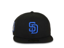 Load image into Gallery viewer, San Diego Padres New Era MLB 59FIFTY 5950 Fitted Cap Hat Black Crown/Visor Royal Blue Logo Petco Park 20 Years Side Patch Royal Blue UV