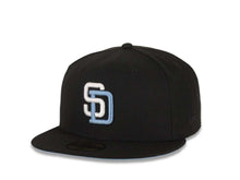 Load image into Gallery viewer, San Diego Padres New Era MLB 59FIFTY 5950 Fitted Cap Hat Black Crown/Visor White/Sky Blue Logo Petco Park 20 Years Side Patch Sky Blue UV