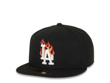 Load image into Gallery viewer, Los Angeles Dodgers New Era MLB 59FIFTY 5950 Fitted Cap Hat Black Crown/Visor White/Metallic Gold/Red Flame Logo 40th Anniversary Side Patch Gray UV
