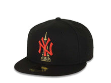 Load image into Gallery viewer, New York Yankees New Era MLB 59FIFTY 5950 Fitted Cap Hat Black Crown/Visor Red/Metallic Gold Empire State Logo 1998 World Series Side Patch Gray UV