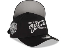 Load image into Gallery viewer, San Diego Padres New Era MLB 9FORTY 940 Adjustable A-Frame Cap Hat Black Crown/Visor Black/White Baseball Club Logo 40th Anniversary Side Patch GrayUV