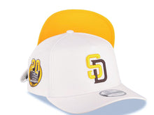 Load image into Gallery viewer, San Diego Padres New Era MLB 9FORTY 940 Adjustable A-Frame Cap Hat White Crown/Visor Yellow/Brown Logo Petco Park 20 Years Side Patch Yellow UV