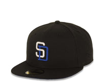 Load image into Gallery viewer, San Diego Padres New Era MLB 59FIFTY 5950 Fitted Cap Hat Black Crown/Visor White/Royal Blue Logo 40th Anniversary Side Patch Royal Blue UV