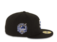 Load image into Gallery viewer, San Diego Padres New Era MLB 59FIFTY 5950 Fitted Cap Hat Black Crown/Visor White/Royal Blue Logo 40th Anniversary Side Patch Royal Blue UV