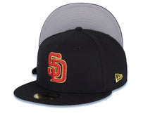 Load image into Gallery viewer, San Diego Padres New Era MLB 59FIFTY 5950 Fitted Cap Hat Black Crown/Visor Cardinal/Metallic Gold Logo Gray UV
