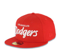 Load image into Gallery viewer, Los Angeles Dodgers New Era MLB 59FIFTY 5950 Fitted Cap Hat Red Crown/Visor White Text/Script Logo 60th Anniversary Side Patch Gray UV