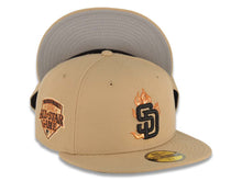 Load image into Gallery viewer, San Diego Padres New Era MLB 59FIFTY 5950 Fitted Cap Hat Khaki Crown/Visor Black Fire/Flame Logo 1992 All-Star Game Side Patch Gray UV