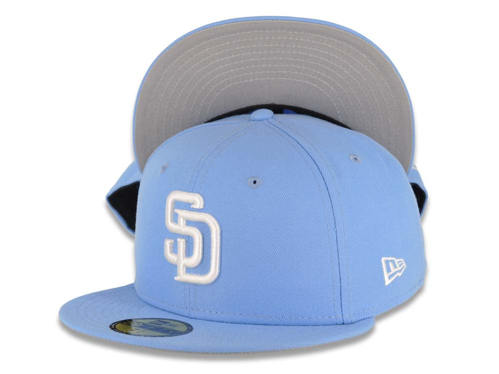 San Diego Padres New Era MLB 59FIFTY 5950 Fitted Cap Hat Sky Blue Crown Visor White Logo Gray UV