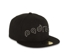 Load image into Gallery viewer, San Diego Padres New Era MLB 59FIFTY 5950 Fitted Cap Hat Black Crown/Visor Black/White Script/Text Logo Gray UV