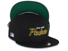 Load image into Gallery viewer, San Diego Padres New Era MLB 59FIFTY 5950 Fitted Cap Hat Black Crown/Visor Navy/Yellow/White Text/Script Logo Batterman Batty Side Patch Green UV