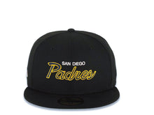Load image into Gallery viewer, San Diego Padres New Era MLB 59FIFTY 5950 Fitted Cap Hat Black Crown/Visor Navy/Yellow/White Text/Script Logo Batterman Batty Side Patch Green UV