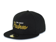 Load image into Gallery viewer, San Diego Padres New Era MLB 59FIFTY 5950 Fitted Cap Hat Black Crown/Visor Navy/Yellow/White Text/Script Logo Batterman Batty Side Patch Green UV