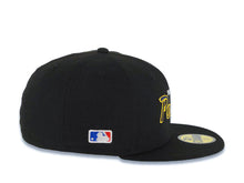 Load image into Gallery viewer, San Diego Padres New Era MLB 59FIFTY 5950 Fitted Cap Hat Black Crown/Visor Navy/Yellow/White Text/Script Logo Batterman Batty Side Patch Green UV