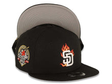 Load image into Gallery viewer, San Diego Padres New Era MLB 9FIFTY 950 Snapback Cap Hat Black Crown/Visor White Fire/Flame Logo 40th Anniversary Side Patch Gray UV