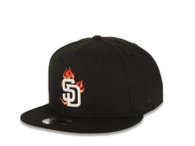 Load image into Gallery viewer, San Diego Padres New Era MLB 9FIFTY 950 Snapback Cap Hat Black Crown/Visor White Fire/Flame Logo 40th Anniversary Side Patch Gray UV