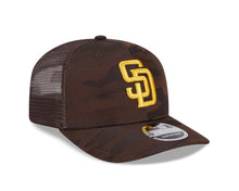 Load image into Gallery viewer, San Diego Padres New Era MLB 9SEVENTY 970 Mesh/Trucker Snapback Cap Hat Camo Brown Crown/Visor Yellow Logo