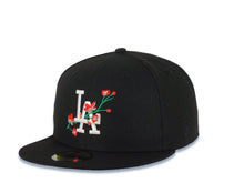Load image into Gallery viewer, Los Angeles Dodgers New Era MLB 59FIFTY 5950 Fitted Cap Hat Black Crown/Visor White/Red With Rose Logo 40th Anniversary Side Patch Gray UV