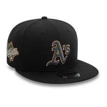 Load image into Gallery viewer, Oakland A's Athletics New Era MLB 9FIFTY 950 Snapback Cap Hat Black Crown/Visor Dark Green/Tan Logo 1989 World Series Side Patch Dark Green UV