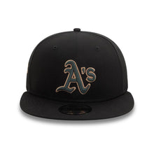 Load image into Gallery viewer, Oakland A's Athletics New Era MLB 9FIFTY 950 Snapback Cap Hat Black Crown/Visor Dark Green/Tan Logo 1989 World Series Side Patch Dark Green UV