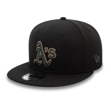 Load image into Gallery viewer, Oakland A's Athletics New Era MLB 9FIFTY 950 Snapback Cap Hat Black Crown/Visor Dark Green/Tan Logo 1989 World Series Side Patch Dark Green UV