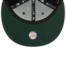 Load image into Gallery viewer, Oakland A's Athletics New Era MLB 9FIFTY 950 Snapback Cap Hat Black Crown/Visor Dark Green/Tan Logo 1989 World Series Side Patch Dark Green UV