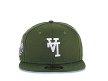 Load image into Gallery viewer, Los Angeles Dodgers New Era MLB 59FIFTY 5950 Fitted Cap Hat Olive Green Crown/Visor White Upside Down Logo 40th Anniversary Stadium Side Patch Gray UV