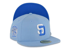 Load image into Gallery viewer, San Diego Padres New Era MLB 59FIFTY 5950 Fitted Cap Hat Sky Blue Crown/Visor White/Royal Blue Logo 25th Anniversary Side Patch Royal Blue UV
