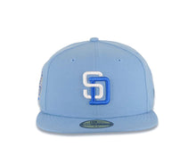 Load image into Gallery viewer, San Diego Padres New Era MLB 59FIFTY 5950 Fitted Cap Hat Sky Blue Crown/Visor White/Royal Blue Logo 25th Anniversary Side Patch Royal Blue UV
