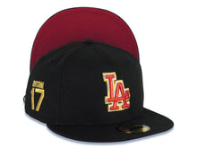 Load image into Gallery viewer, Los Angeles Dodgers New Era MLB 59FIFTY 5950 Fitted Cap Hat Black Crown/Visor Metallic Red/White/Gold Logo 17 Shohei Ohtani Side Patch Red UV