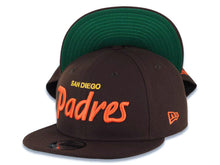 Load image into Gallery viewer, San Diego Padres New Era MLB 9FIFTY 950 Snapback Cap Hat Brown Crown/Visor Yellow/Orange Text/Script Logo Green UV