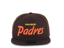 Load image into Gallery viewer, San Diego Padres New Era MLB 9FIFTY 950 Snapback Cap Hat Brown Crown/Visor Yellow/Orange Text/Script Logo Green UV