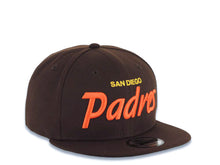 Load image into Gallery viewer, San Diego Padres New Era MLB 9FIFTY 950 Snapback Cap Hat Brown Crown/Visor Yellow/Orange Text/Script Logo Green UV