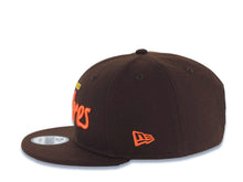 Load image into Gallery viewer, San Diego Padres New Era MLB 9FIFTY 950 Snapback Cap Hat Brown Crown/Visor Yellow/Orange Text/Script Logo Green UV