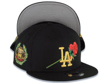 Load image into Gallery viewer, Los Angeles Dodgers New Era MLB 9FIFTY 950 Snapback Cap Hat Black Crown/Visor Metallic Gold/Red Logo With Rose World Series Side Patch