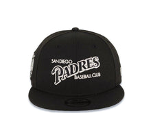 Load image into Gallery viewer, San Diego Padres New Era MLB 9FIFTY 950 Snapback Cap Hat Black Crown/Visor Black/White Script/Text Logo 40th Anniversary Side Patch Gray UV