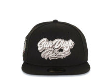 Load image into Gallery viewer, San Diego Padres New Era MLB 59FIFTY 5950 Fitted Cap Hat Black Crown/Visor White/Metallic Gray Script/Text Logo 40th Anniversary Side Patch Gray UV