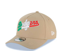 Load image into Gallery viewer, Los Angeles Dodgers New Era MLB 9FORTY 940 Adjustable A-Frame Cap Hat Khaki Crown/Visor Green/White/Red Script Logo Mexico Flag Side Patch Gray UV
