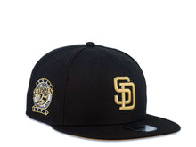 Load image into Gallery viewer, (Youth) San Diego Padres New Era MLB 9FIFTY 950 Kid Snapback Cap Hat Black Crown/Visor Metallic Gold Logo 25th Anniversary Side Patch
