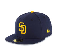 Load image into Gallery viewer, San Diego Padres New Era MLB 59FIFTY 5950 Fitted Cap Hat Navy Blue Crown/Visor Yellow Logo 2016 All-Star Game Side Patch Yellow UV