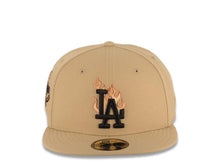 Load image into Gallery viewer, Los Angeles Dodgers New Era MLB 59FIFTY 5950 Fitted Cap Hat Khaki Crown/Visor Black Logo With Metallic Orange Flame Stadium Side Patch