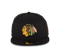Load image into Gallery viewer, Chicago Blackhawks New Era NHL 59FIFTY 5950 Fitted Cap Hat Black Crown/Visor Team Color Logo Axe Side Patch Gray UV