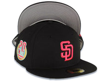 Load image into Gallery viewer, San Diego Padres New Era MLB 59FIFTY 5950 Fitted Cap Hat Black Crown/Visor Magenta Logo 20 Anniversary Petco Park Side Patch Gray UV