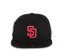 Load image into Gallery viewer, San Diego Padres New Era MLB 59FIFTY 5950 Fitted Cap Hat Black Crown/Visor Magenta Logo 20 Anniversary Petco Park Side Patch Gray UV