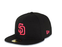 Load image into Gallery viewer, San Diego Padres New Era MLB 59FIFTY 5950 Fitted Cap Hat Black Crown/Visor Magenta Logo 20 Anniversary Petco Park Side Patch Gray UV