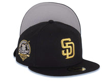 Load image into Gallery viewer, (Youth) San Diego Padres New Era MLB 59FIFTY 5950 Kid Fitted Cap Hat Black Crown/Visor Metallic Gold Logo 40th Anniversary Side Patch Gray UV