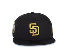 Load image into Gallery viewer, (Youth) San Diego Padres New Era MLB 59FIFTY 5950 Kid Fitted Cap Hat Black Crown/Visor Metallic Gold Logo 40th Anniversary Side Patch Gray UV